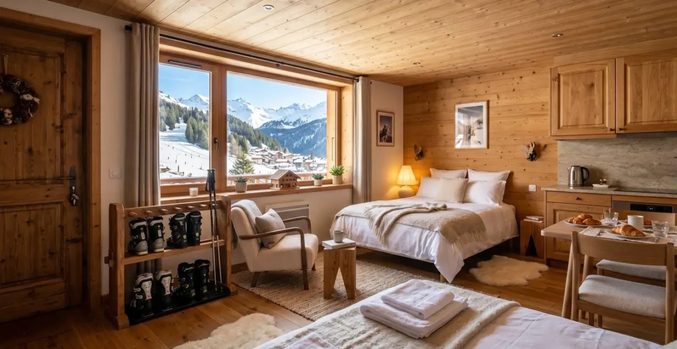 Intérieur lumineux d'un appartement de montagne prêt à accueillir des vacanciers au Grand-Bornand