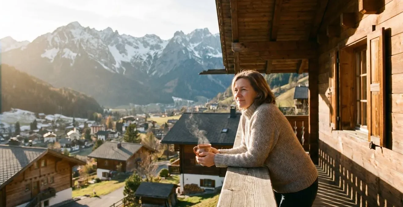 Propriétaire contemplant son chalet en station de ski en Haute-Savoie, entouré de sommets enneigés, symbolisant la sérénité d'une gestion locative déléguée