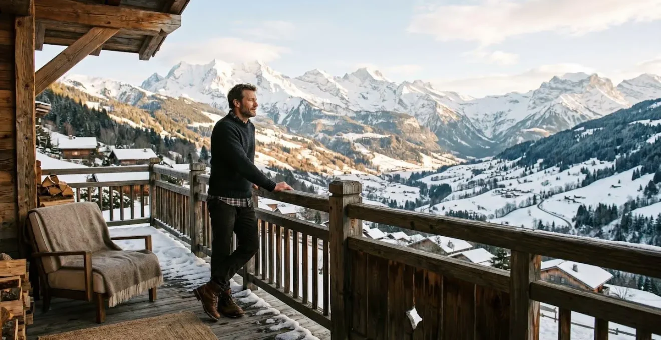 Propriétaire contemplant son chalet dans le Massif des Aravis depuis une terrasse enneigée