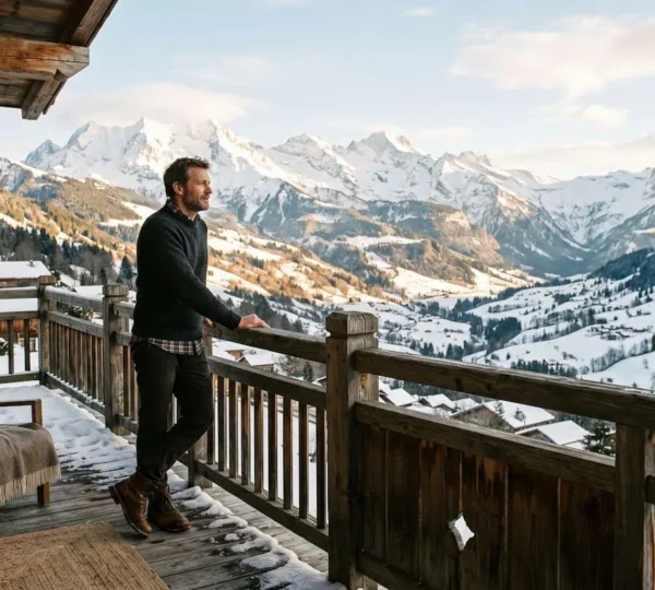 Propriétaire contemplant son chalet dans le Massif des Aravis depuis une terrasse enneigée
