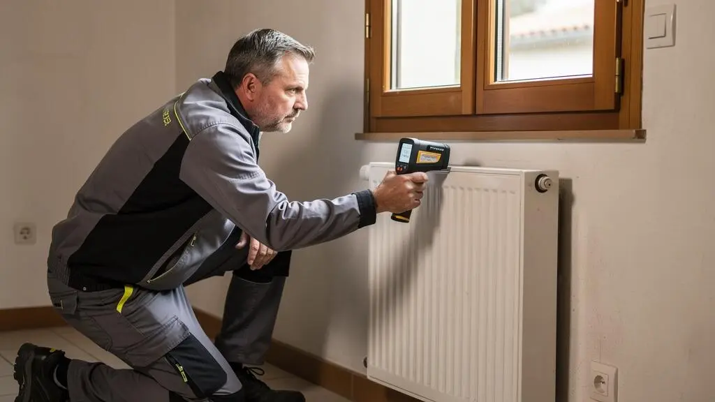 Diagnostiqueur immobilier réalisant une mesure de performance énergétique avec un équipement spécialisé dans une maison