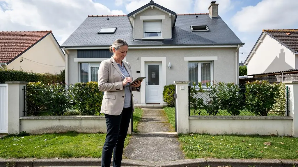 Expert immobilier évaluant l'extérieur d'une maison familiale dans un quartier résidentiel de Rezé