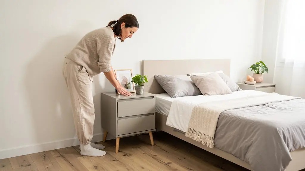 Personne arrangeant une décoration simple dans une chambre lumineuse préparée pour des visites de vente