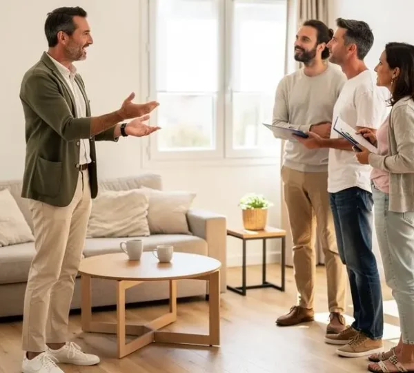 Agent immobilier présentant un salon à des acheteurs potentiels lors d'une visite de maison à Rezé