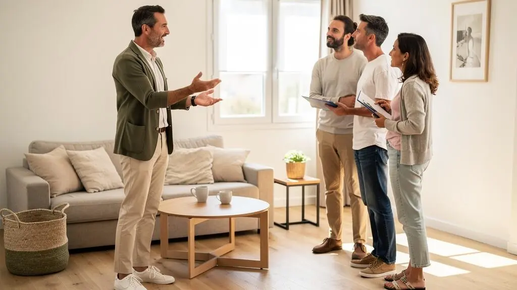 Agent immobilier présentant un salon à des acheteurs potentiels lors d'une visite de maison à Rezé