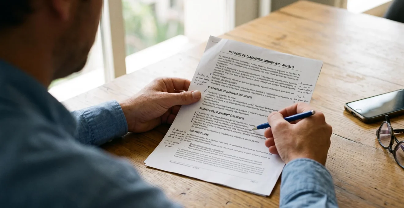 Un acquéreur annote un rapport de diagnostic immobilier posé sur une table en bois avant de finaliser son achat de bureaux.