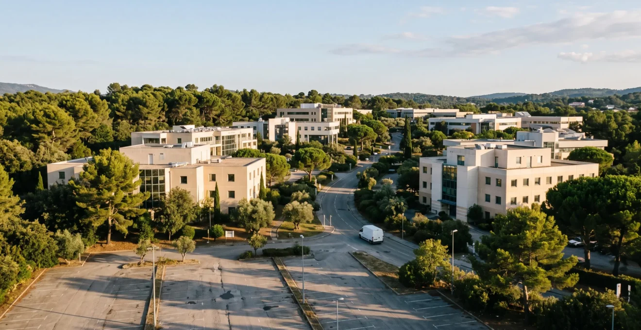 Vue large d'un parc d'activités tertiaire de Sophia Antipolis avec ses immeubles de bureaux bas entourés de végétation méditerranéenne.