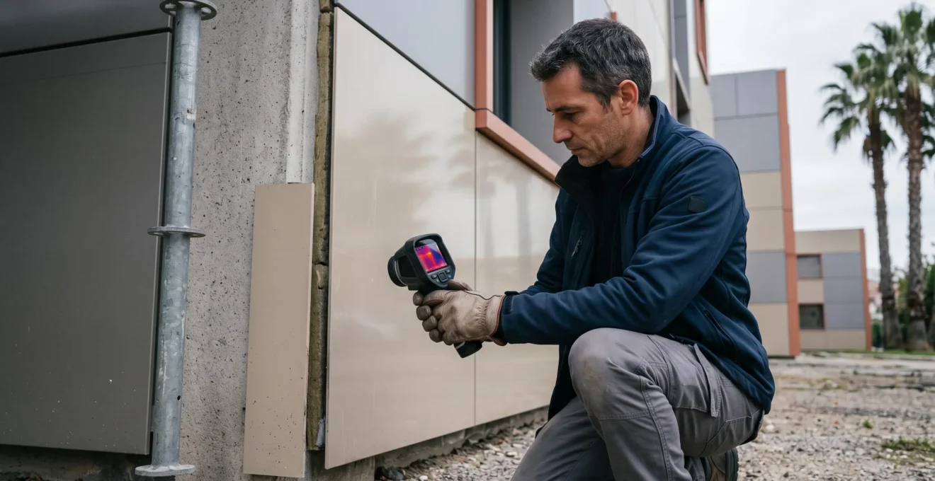 Un technicien analyse l'isolation d'une façade d'immeuble de bureaux réhabilité à l'aide d'une caméra thermique.