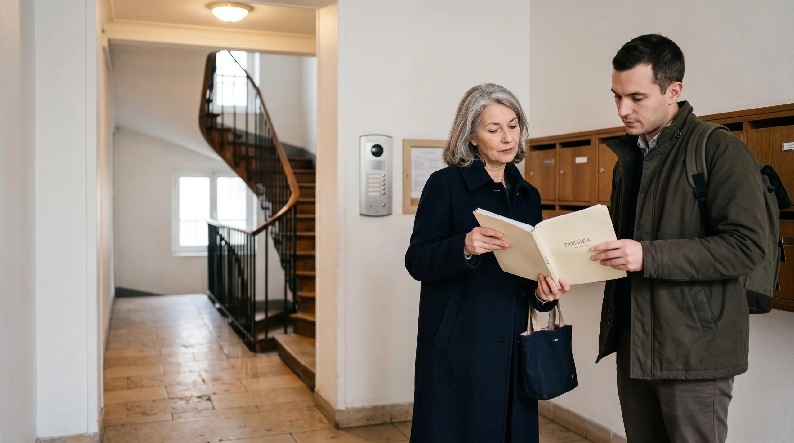 Un vendeur remet un dossier de documents à une personne lors d'une visite dans le hall d'un immeuble en copropriété.