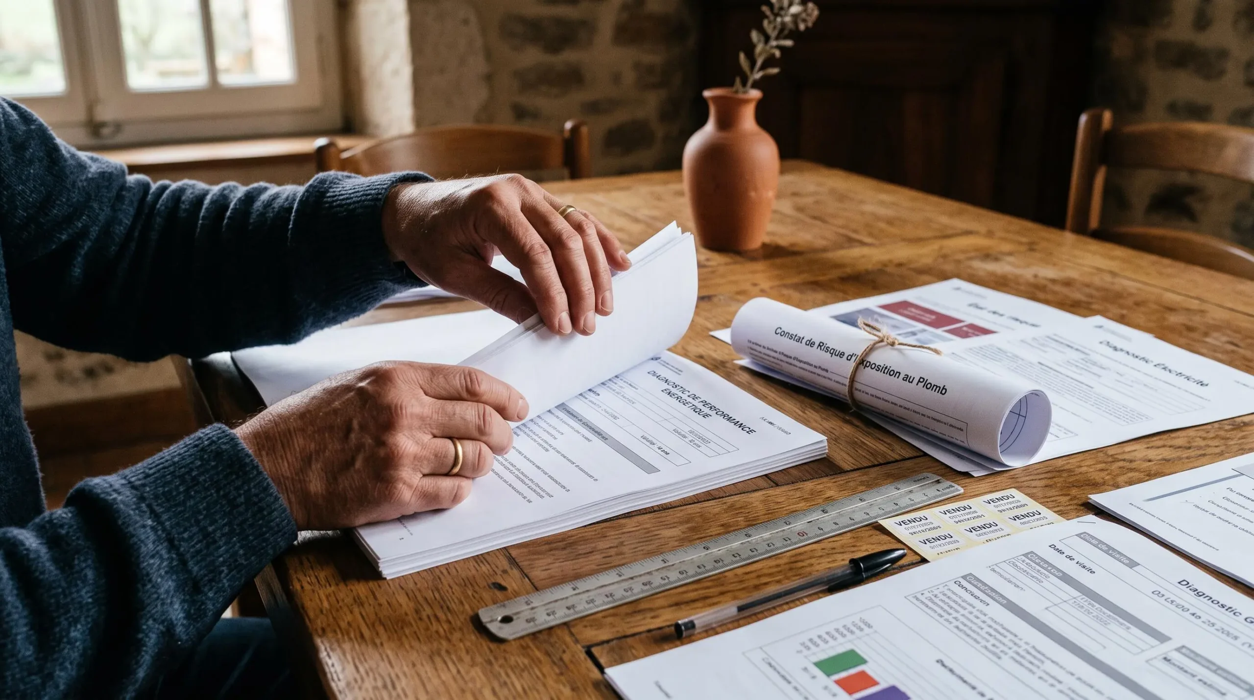 Des mains d'un vendeur particulier feuilletent les rapports de diagnostics techniques posés sur une table.