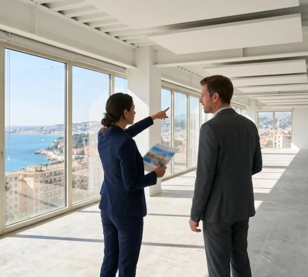 Un acquéreur et un agent immobilier visitent une plateau de bureaux vide baigné de lumière, avec vue sur le littoral des Alpes-Maritimes.